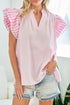 Striped Contrast Trim V Neck Flutter Sleeve Blouse