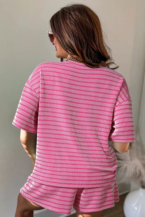 Striped Corded Rib Drawstring Elastic Waist Loose Short Set
