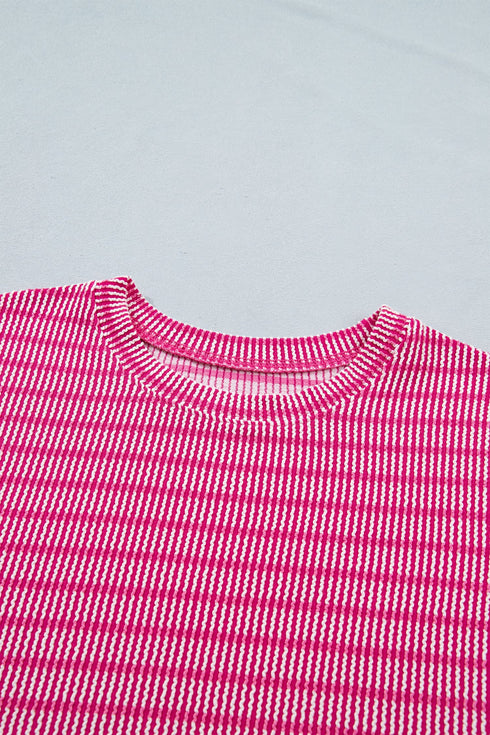 Striped Corded Rib Drawstring Elastic Waist Loose Short Set