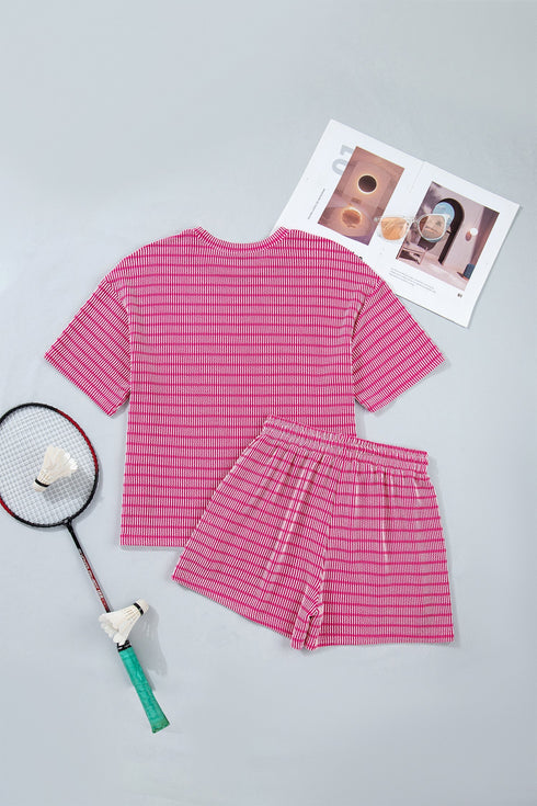 Striped Corded Rib Drawstring Elastic Waist Loose Short Set