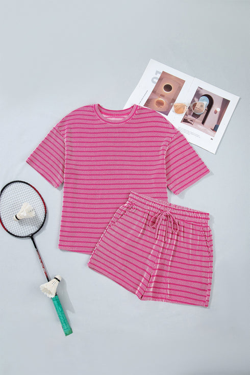 Striped Corded Rib Drawstring Elastic Waist Loose Short Set