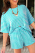 Striped Corded Rib Drawstring Elastic Waist Loose Short Set