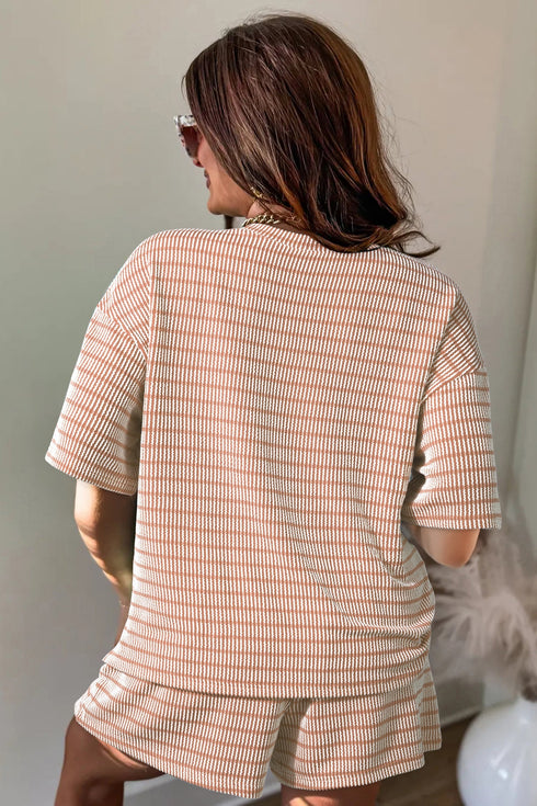 Striped Corded Rib Drawstring Elastic Waist Loose Short Set