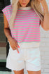 Striped Cotton Blend Crew Neck Cap Sleeve Daily T Shirt