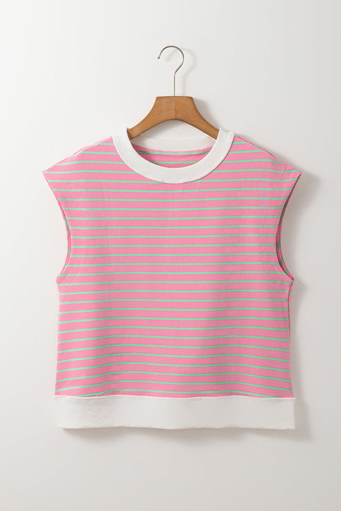 Striped Cotton Blend Crew Neck Cap Sleeve Daily T Shirt