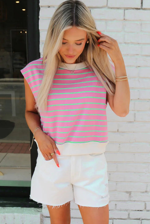 Striped Cotton Blend Crew Neck Cap Sleeve Daily T Shirt