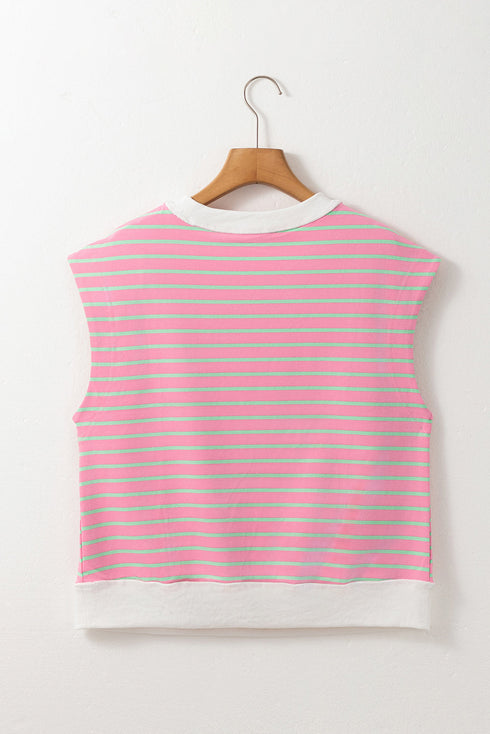 Striped Cotton Blend Crew Neck Cap Sleeve Daily T Shirt