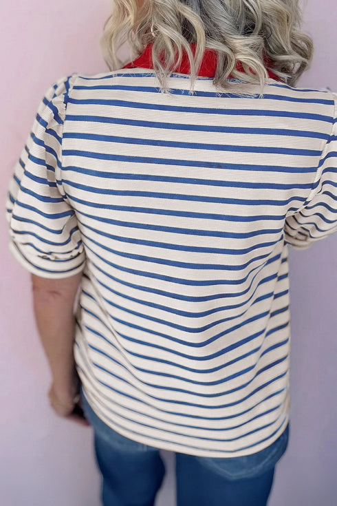 Striped Cotton Blend Puff Sleeve Polo Collar Blouse