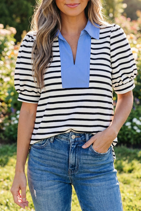 Striped Cotton Blend Puff Sleeve Polo Collar Blouse