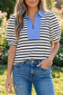 Striped Cotton Blend Puff Sleeve Polo Collar Blouse