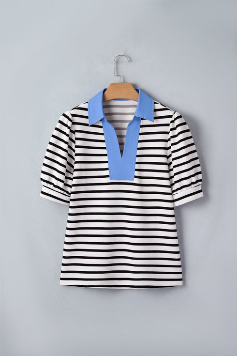 Striped Cotton Blend Puff Sleeve Polo Collar Blouse
