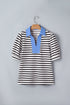 Striped Cotton Blend Puff Sleeve Polo Collar Blouse