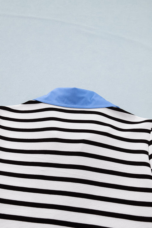 Striped Cotton Blend Puff Sleeve Polo Collar Blouse