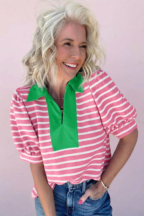 Striped Cotton Blend Puff Sleeve Polo Collar Blouse