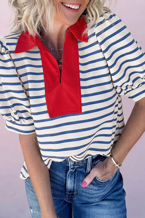 Striped Cotton Blend Puff Sleeve Polo Collar Blouse