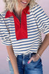 Striped Cotton Blend Puff Sleeve Polo Collar Blouse