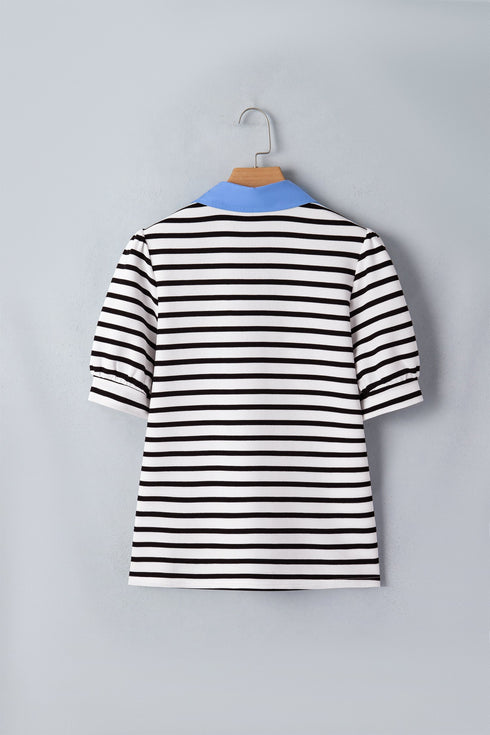 Striped Cotton Blend Puff Sleeve Polo Collar Blouse