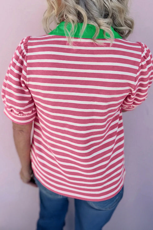 Striped Cotton Blend Puff Sleeve Polo Collar Blouse