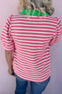 Striped Cotton Blend Puff Sleeve Polo Collar Blouse