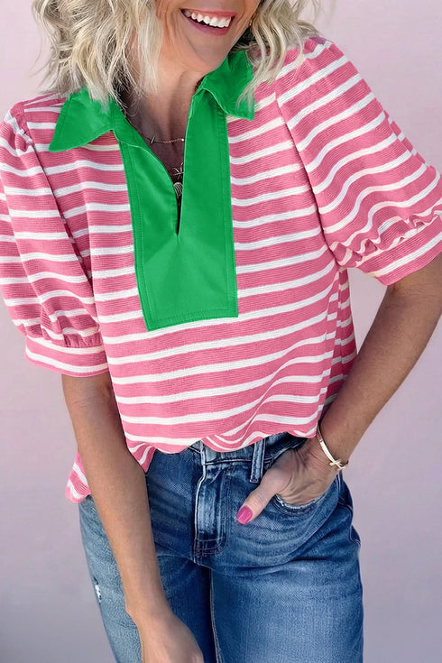 Striped Cotton Blend Puff Sleeve Polo Collar Blouse