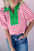 Striped Cotton Blend Puff Sleeve Polo Collar Blouse