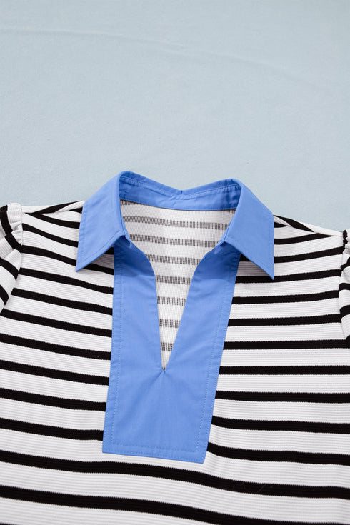 Striped Cotton Blend Puff Sleeve Polo Collar Blouse