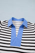 Striped Cotton Blend Puff Sleeve Polo Collar Blouse