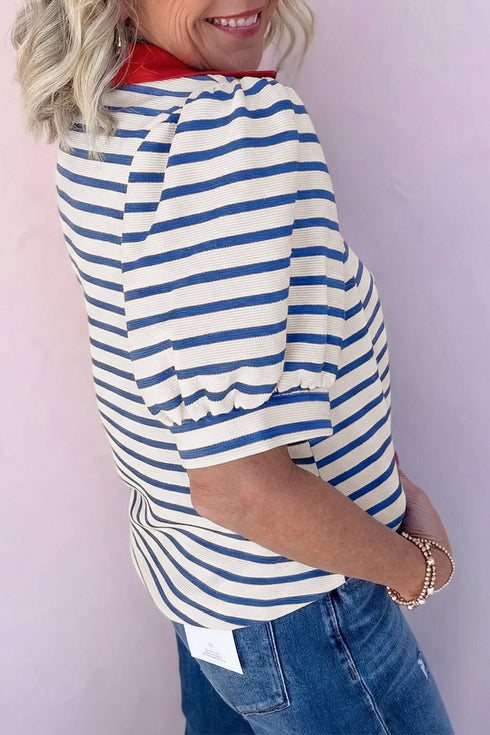 Striped Cotton Blend Puff Sleeve Polo Collar Blouse