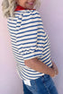 Striped Cotton Blend Puff Sleeve Polo Collar Blouse