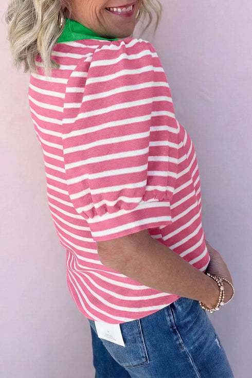 Striped Cotton Blend Puff Sleeve Polo Collar Blouse