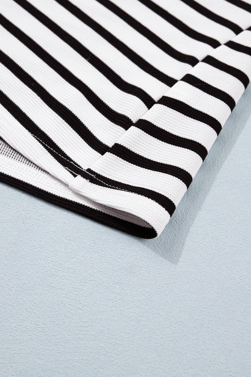 Striped Cotton Blend Puff Sleeve Polo Collar Blouse