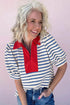 Striped Cotton Blend Puff Sleeve Polo Collar Blouse