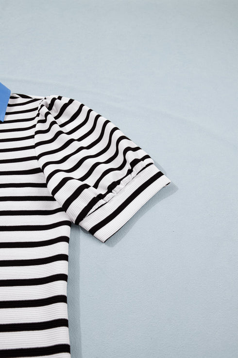 Striped Cotton Blend Puff Sleeve Polo Collar Blouse
