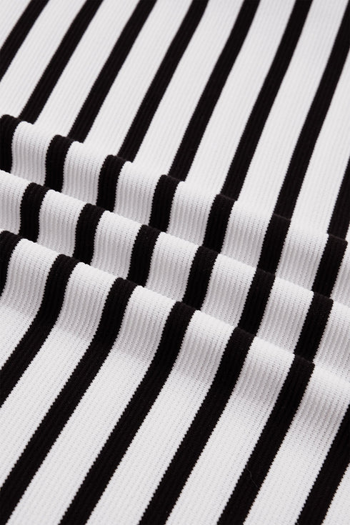 Striped Cotton Blend Puff Sleeve Polo Collar Blouse