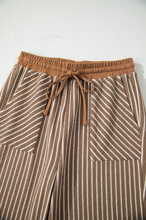 Striped Crew Neck Drawstring Waist Wide Leg Pant Set