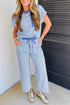 Striped Crew Neck Drawstring Waist Wide Leg Pant Set