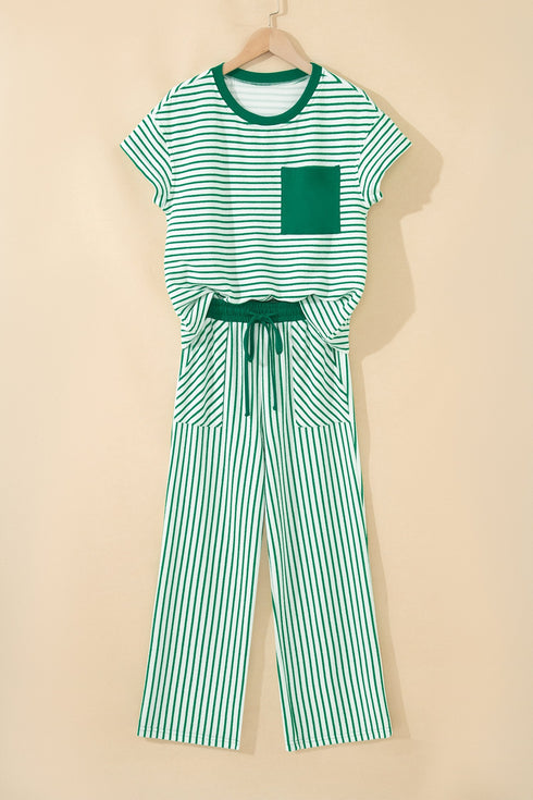 Striped Crew Neck Drawstring Waist Wide Leg Pant Set