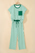 Striped Crew Neck Drawstring Waist Wide Leg Pant Set