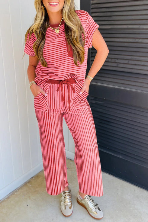 Striped Crew Neck Drawstring Waist Wide Leg Pant Set