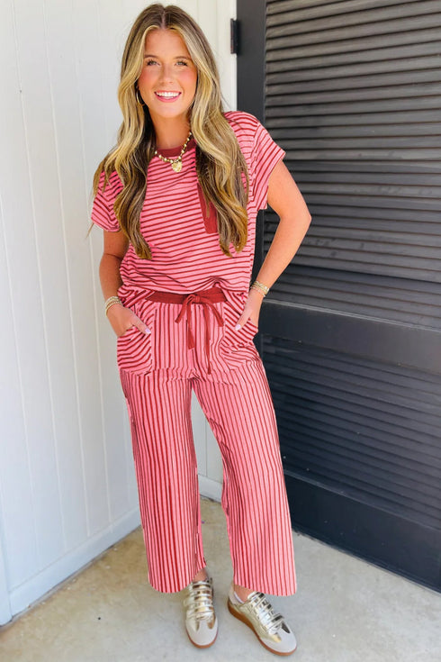 Striped Crew Neck Drawstring Waist Wide Leg Pant Set
