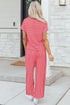 Striped Crew Neck Drawstring Waist Wide Leg Pant Set