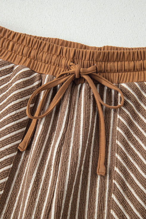 Striped Crew Neck Drawstring Waist Wide Leg Pant Set