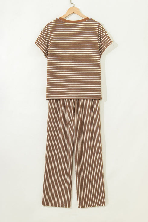 Striped Crew Neck Drawstring Waist Wide Leg Pant Set