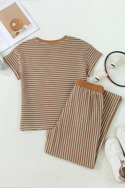 Striped Crew Neck Drawstring Waist Wide Leg Pant Set