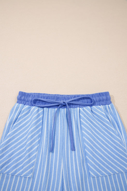 Striped Crew Neck Drawstring Waist Wide Leg Pant Set