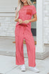 Striped Crew Neck Drawstring Waist Wide Leg Pant Set