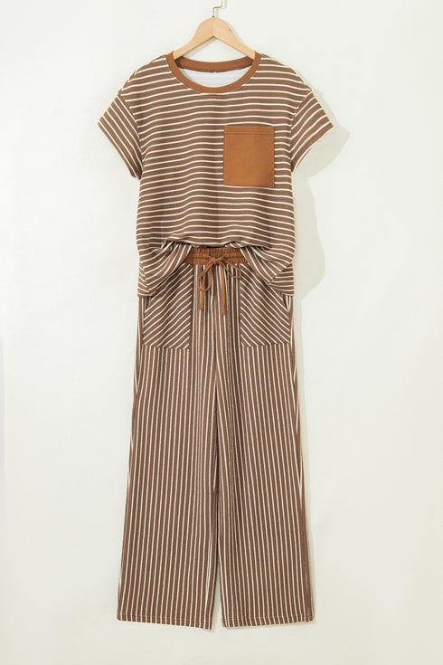 Striped Crew Neck Drawstring Waist Wide Leg Pant Set