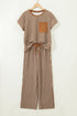 Striped Crew Neck Drawstring Waist Wide Leg Pant Set