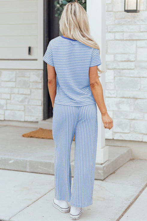 Striped Crew Neck Drawstring Waist Wide Leg Pant Set