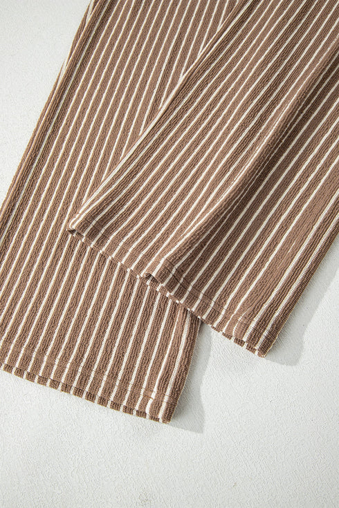 Striped Crew Neck Drawstring Waist Wide Leg Pant Set
